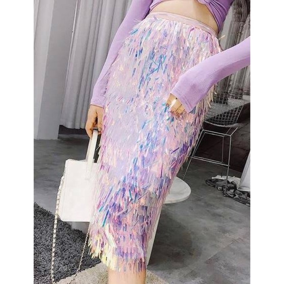 New Pink Tassel Sequins Midi Skirt - Picture 2 of 5
